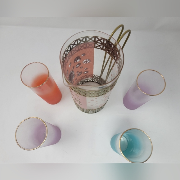 Rare Stunning Vintage Glass Pitcher & 4 Glasses Stars Sun Moons Gold & Pastels - Picture 6 of 12